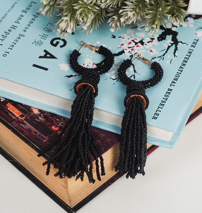 Chic Black Beaded Hoop Earrings with Tassels
