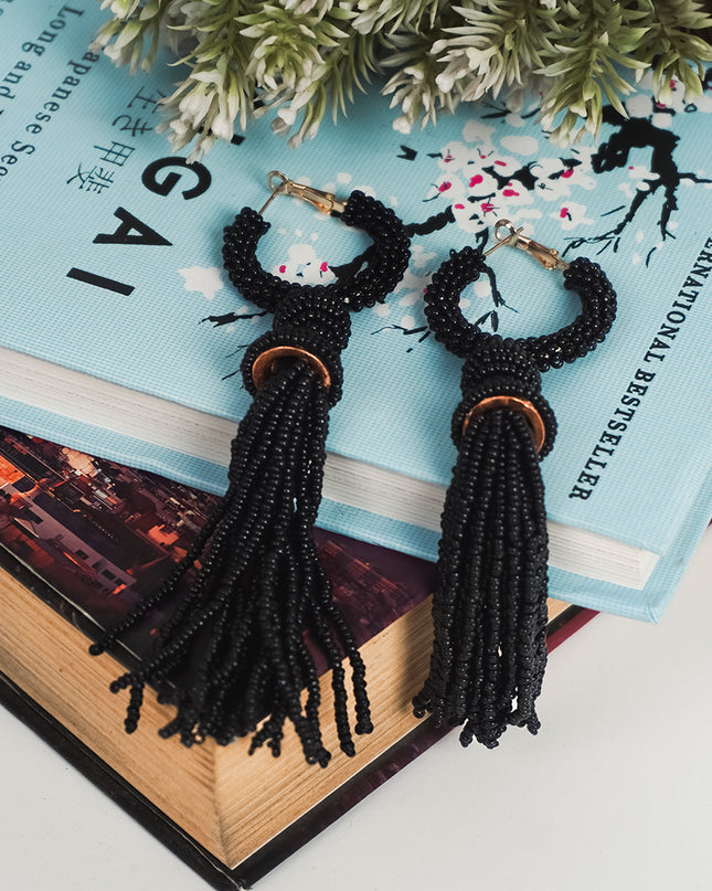 Chic Black Beaded Hoop Earrings with Tassels