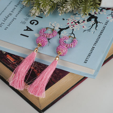 Pink Beaded Hoop Earrings with Tassels