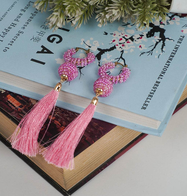 Pink Beaded Hoop Earrings with Tassels - HASHTACK