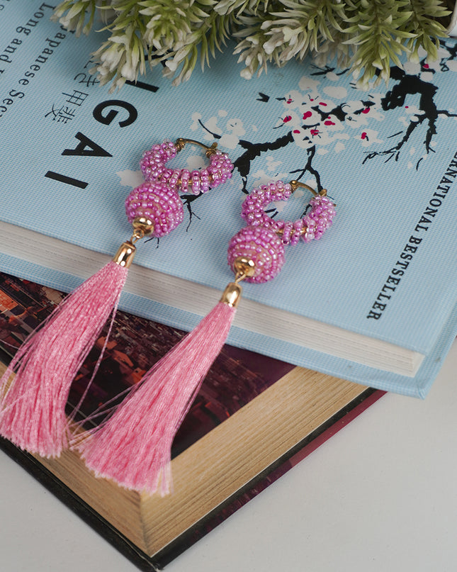 Pink Beaded Hoop Earrings with Tassels