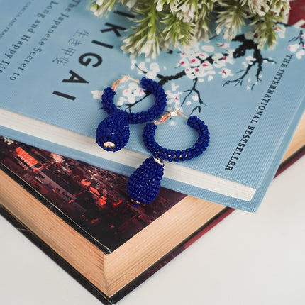 Royal Blue Beaded Drop Hoop Earrings