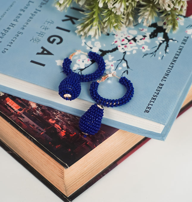Royal Blue Beaded Drop Hoop Earrings