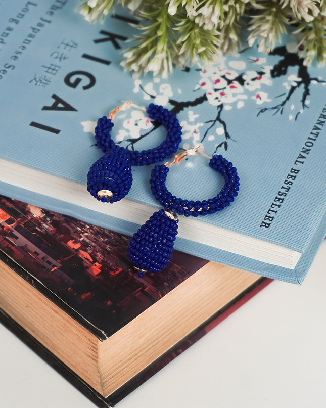 Royal Blue Beaded Drop Hoop Earrings