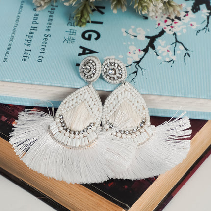 White Beaded Drop Tassel Earrings