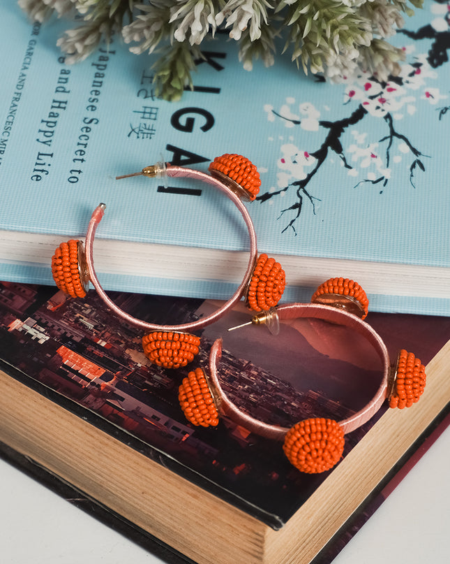 Vivid Orange Beaded Hoop Earrings