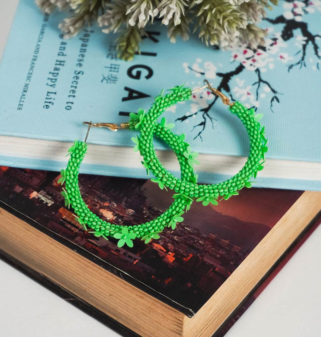 Green Floral Hoop Earrings - HASHTACK
