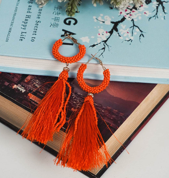Fiery Orange Tassel Hoop Earrings - HASHTACK