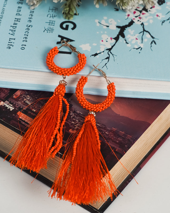 Fiery Orange Tassel Hoop Earrings