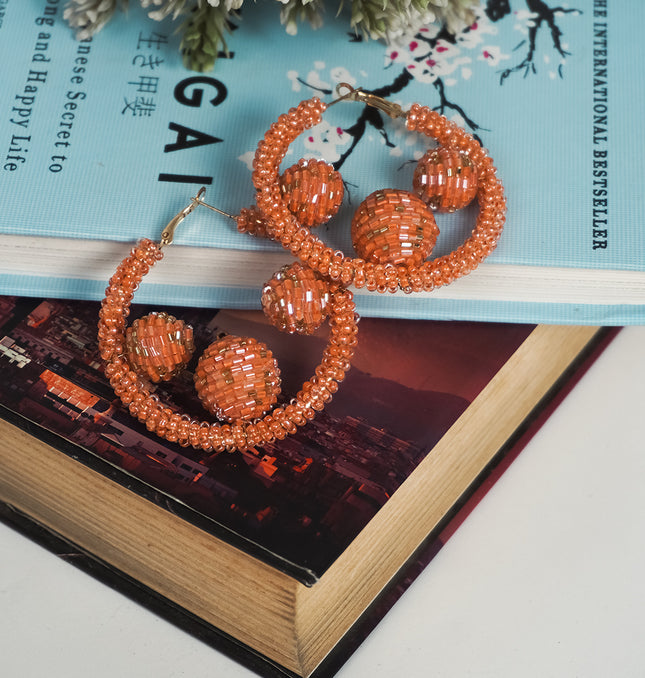Peach 3 Ball In Beaded Hoops