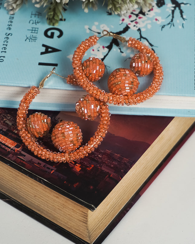 Peach 3 Ball In Beaded Hoops