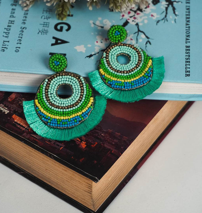 Green Tassel With Beaded Chandbali - HASHTACK