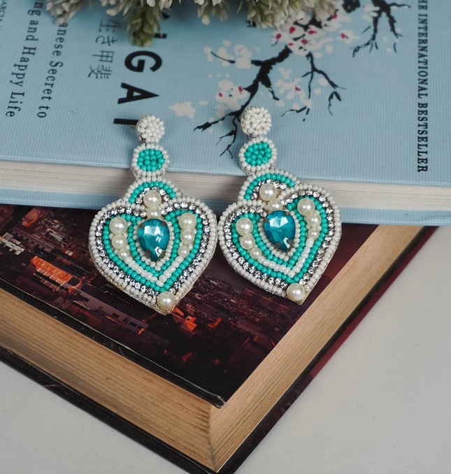 Green Pearl & Stone Heart Drop Earrings - HASHTACK