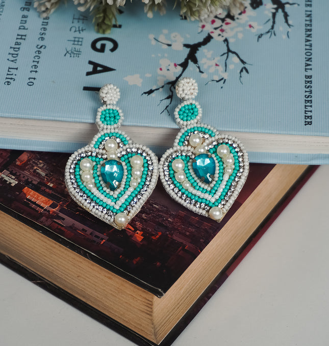 Green Pearl & Stone Heart Drop Earrings