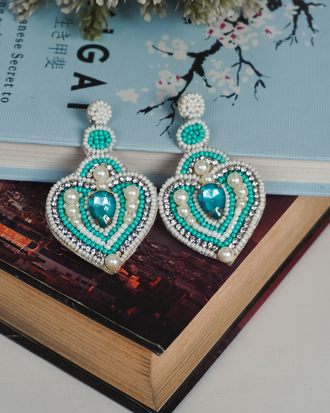 Green Pearl & Stone Heart Drop Earrings