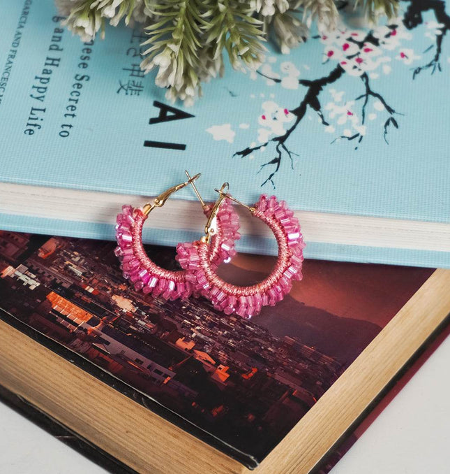 Pink Beaded Hoop Earrings - HASHTACK