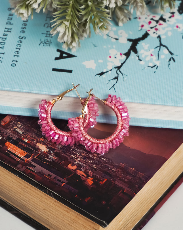 Pink Beaded Hoop Earrings