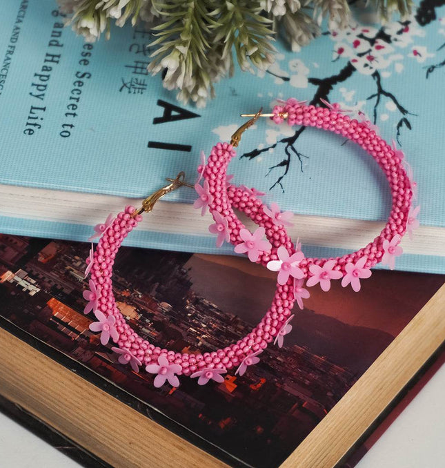 Pink Floral Hoop Earrings - HASHTACK