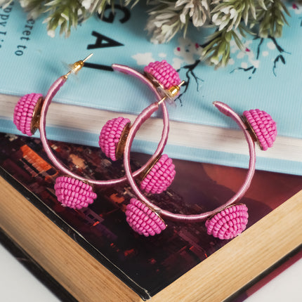 Vivid Pink Beaded Hoop Earrings