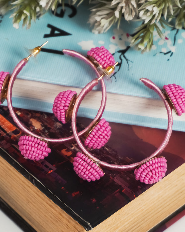 Vivid Pink Beaded Hoop Earrings