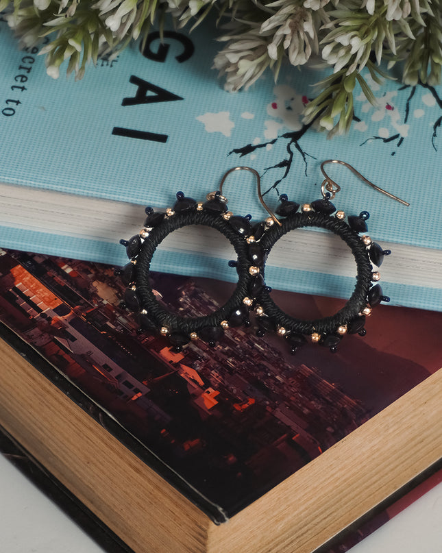 Round Black Beaded Handmade Hoops