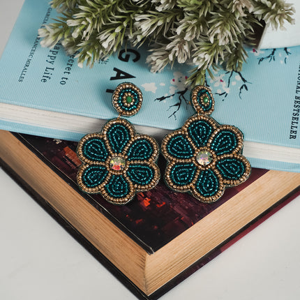 Green Beaded Flower Earrings