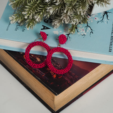 Handmade Red Beaded Hoop Earrings