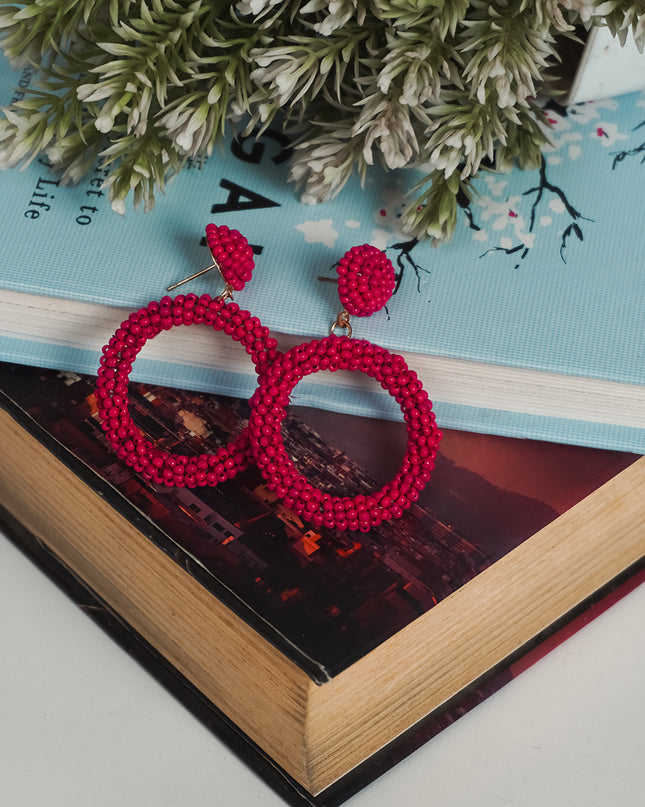 Handmade Red Beaded Hoop Earrings