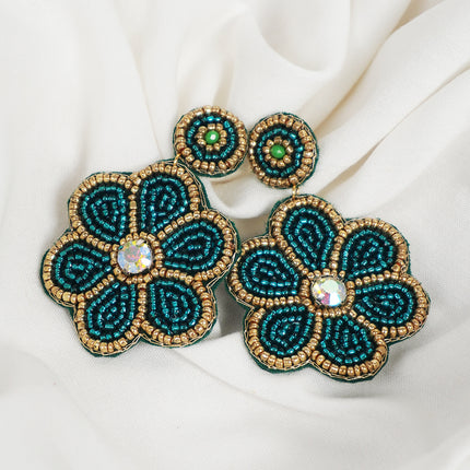 Green Beaded Flower Earrings