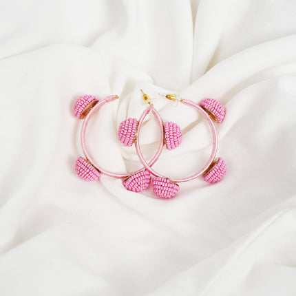 Vivid Pink Beaded Hoop Earrings