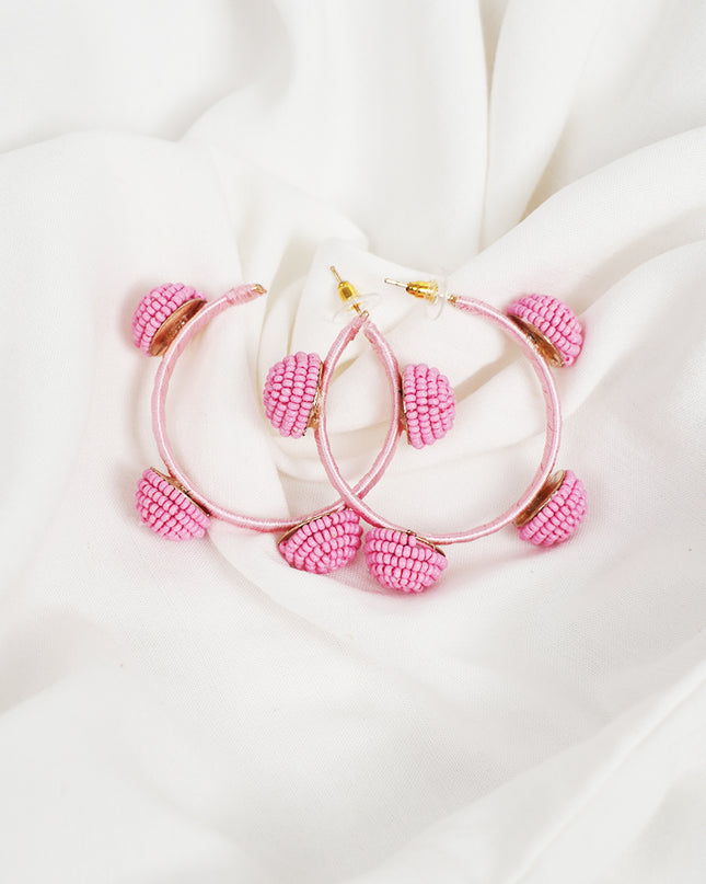 Vivid Pink Beaded Hoop Earrings