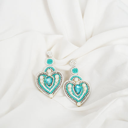 Green Pearl & Stone Heart Drop Earrings