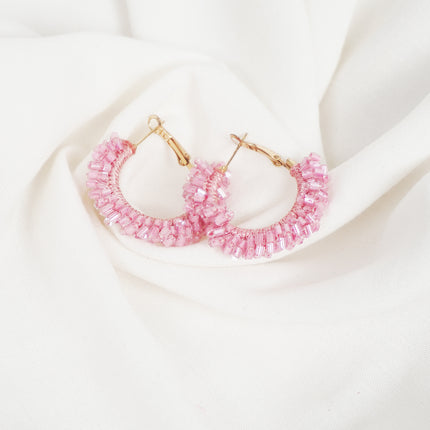 Pink Beaded Hoop Earrings