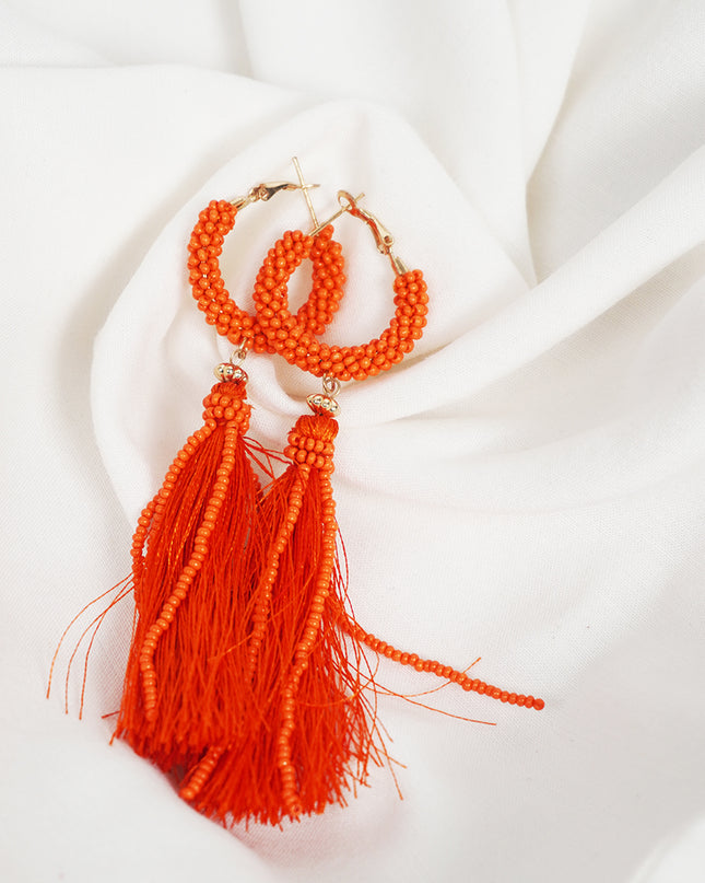 Fiery Orange Tassel Hoop Earrings