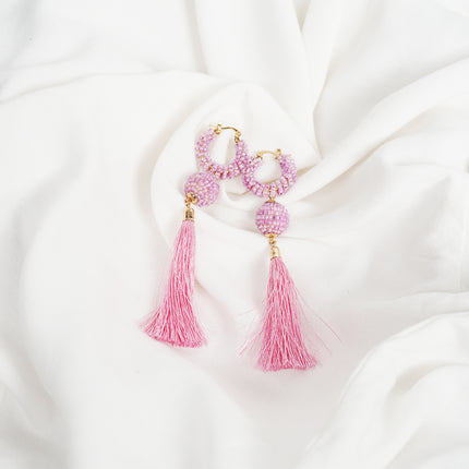 Pink Beaded Hoop Earrings with Tassels