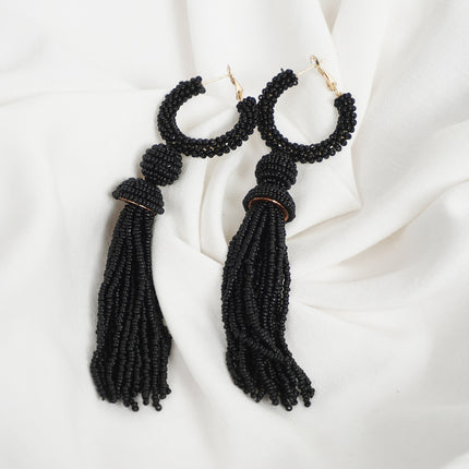 Chic Black Beaded Hoop Earrings with Tassels