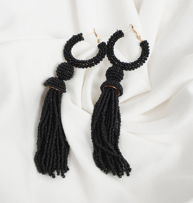 Chic Black Beaded Hoop Earrings with Tassels