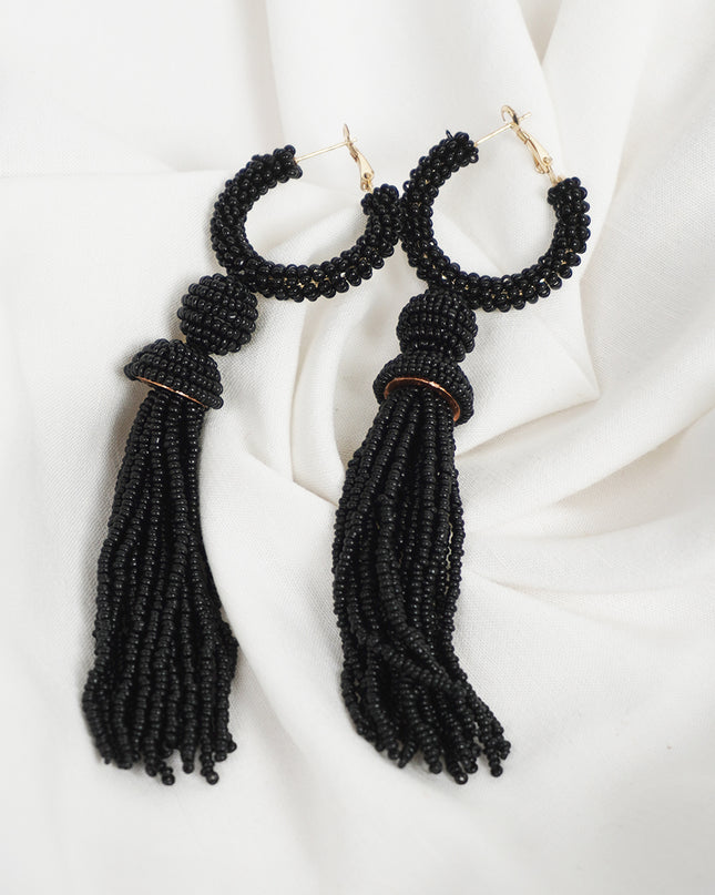 Chic Black Beaded Hoop Earrings with Tassels