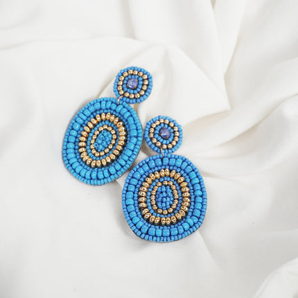 Blue Round Beaded Earrings