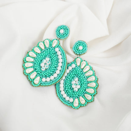 Green Pearl Drop Half Flower Earrings