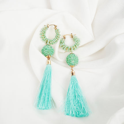 Green Beaded Tassel Earrings