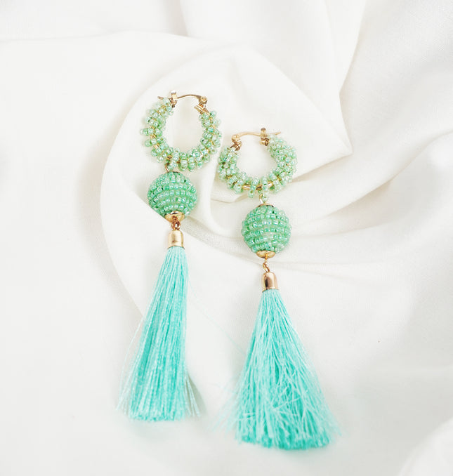 Green Beaded Tassel Earrings