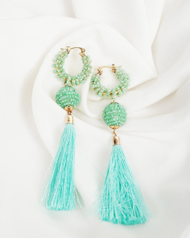 Green Beaded Tassel Earrings