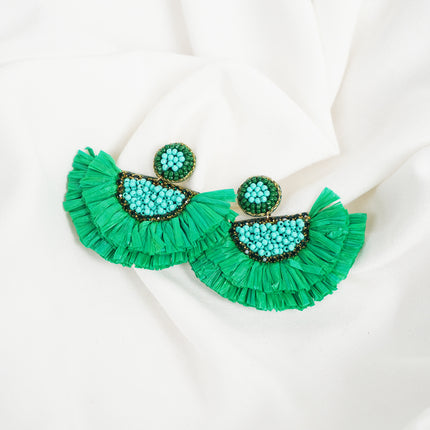 Green Rafia Small Fan Earrings