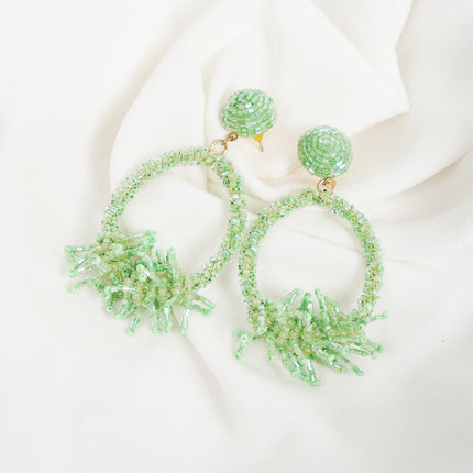 Vibrant Green Beaded Hoop Earrings with Fringe Accents