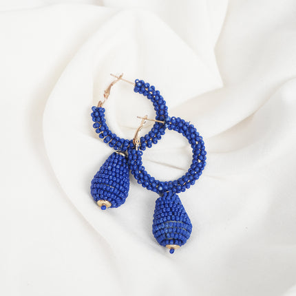 Royal Blue Beaded Drop Hoop Earrings