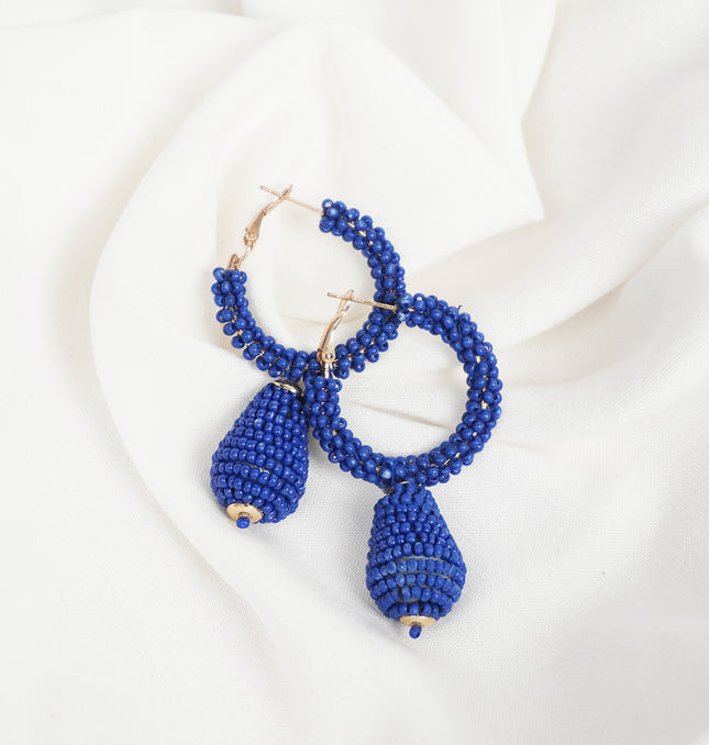 Royal Blue Beaded Drop Hoop Earrings
