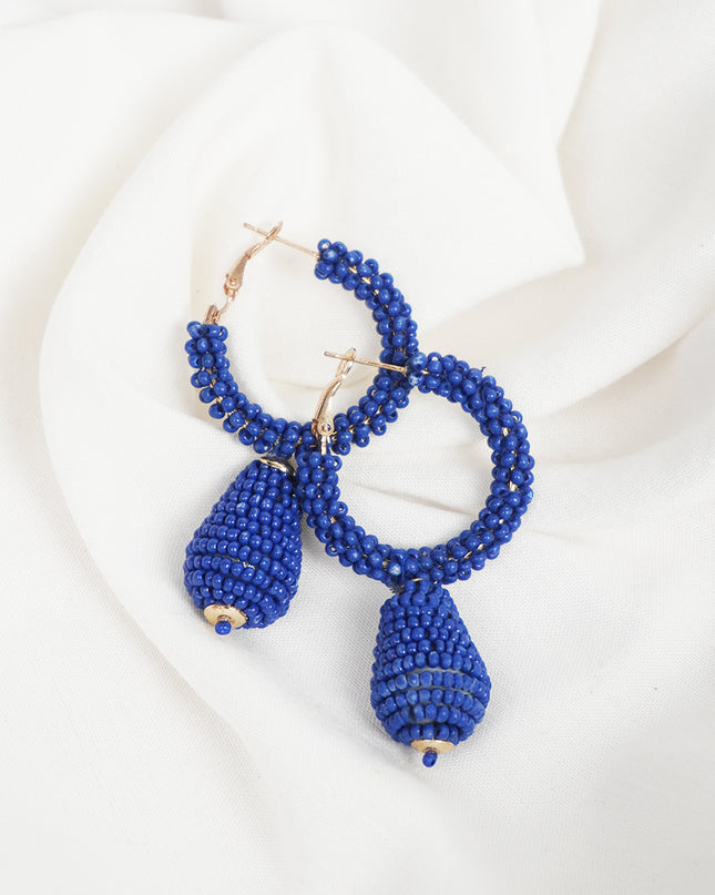 Royal Blue Beaded Drop Hoop Earrings