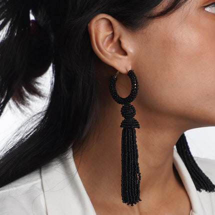 Chic Black Beaded Hoop Earrings with Tassels