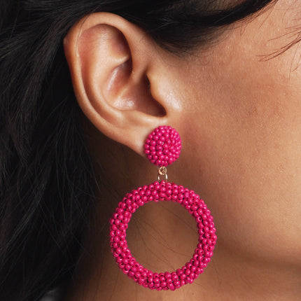 Handmade Red Beaded Hoop Earrings